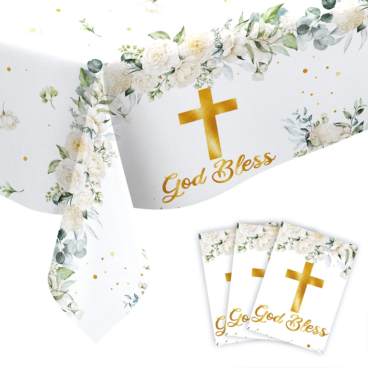 1/3Pcs Taufe Erstkommunion Tischdecke Kreuz Design Gott segne Baby Dusche Kinder Geburtstag Party Supplies – Detail 2