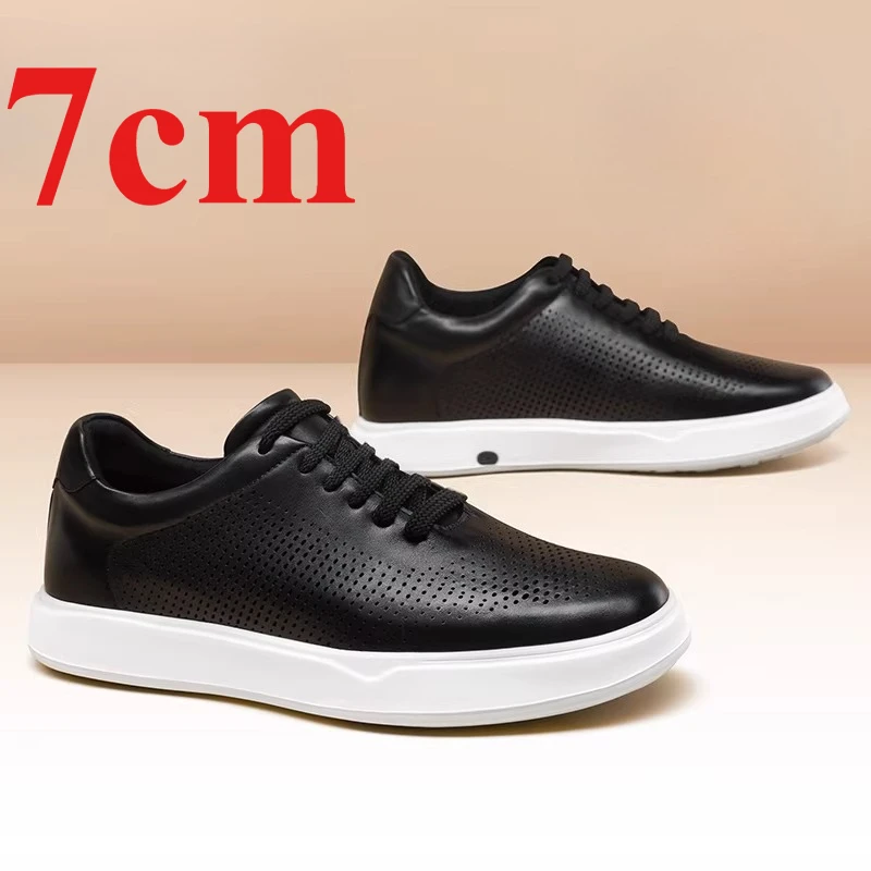 Height Increasing Shoes for Men's 7cm Invisible Elevator Shoes Leather Casual Sneakers Hollow Breathable Comfortable Board Shoes