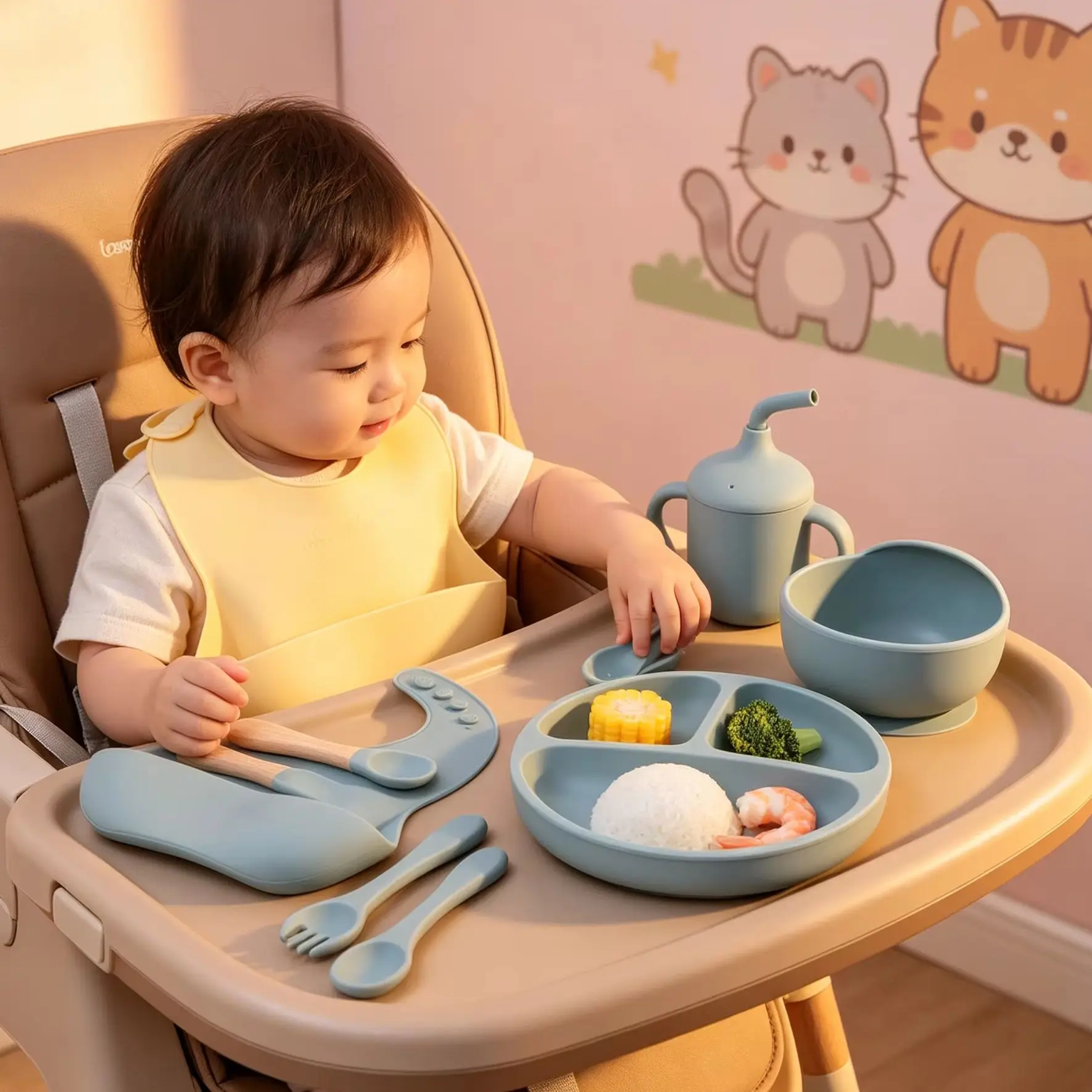 

8PCS Silicone Baby Feeding Set Suction Plate BPA Free Straw Cup Waterproof Bib Spoon Fork Kids Learning Utensils Tableware