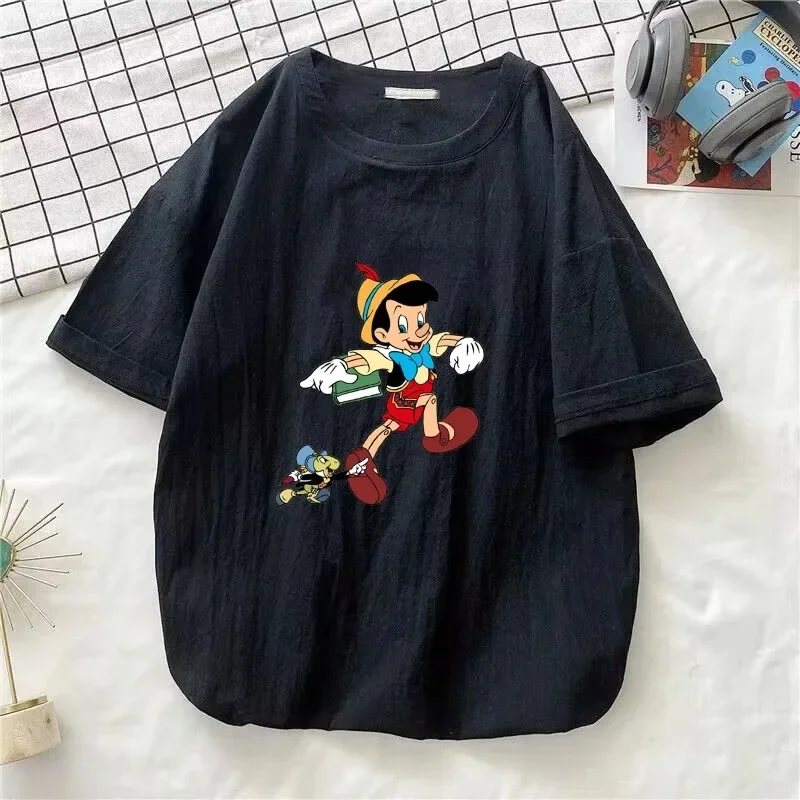 Cartoon Pinocchio Washed Cotton T Shirt For Men Streetwear Short Sleeve Tshirts Men Women Summer Clothing T-shirt Tees Tops