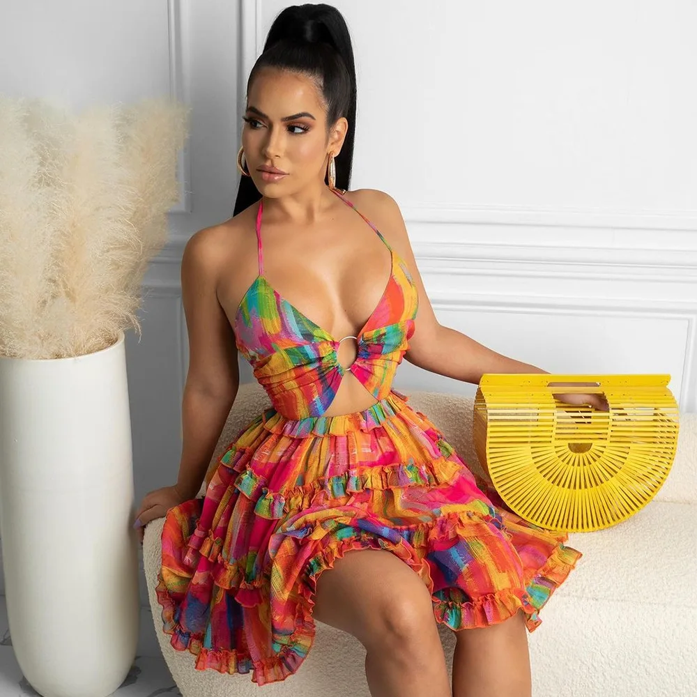 

Spring Print Backless Mini Dress Women Tie Bow Ruffle Sexy Summer Dresses Spaghetti Strap Nightclub Party Vestidos