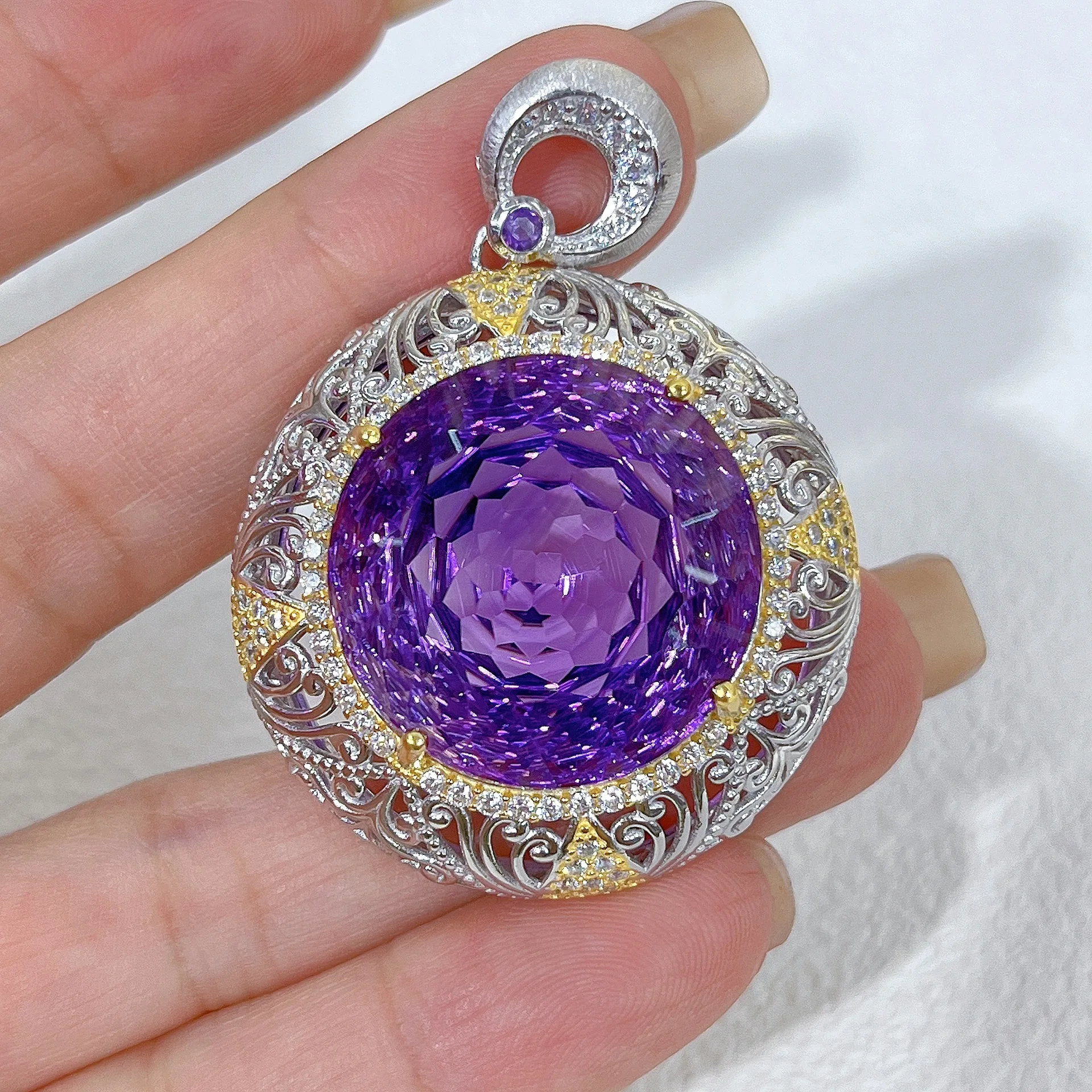 Two-Tone Amethyst Pendant 23mm Oversized, S925 Silver Plated No Chain Elegant Jewelry