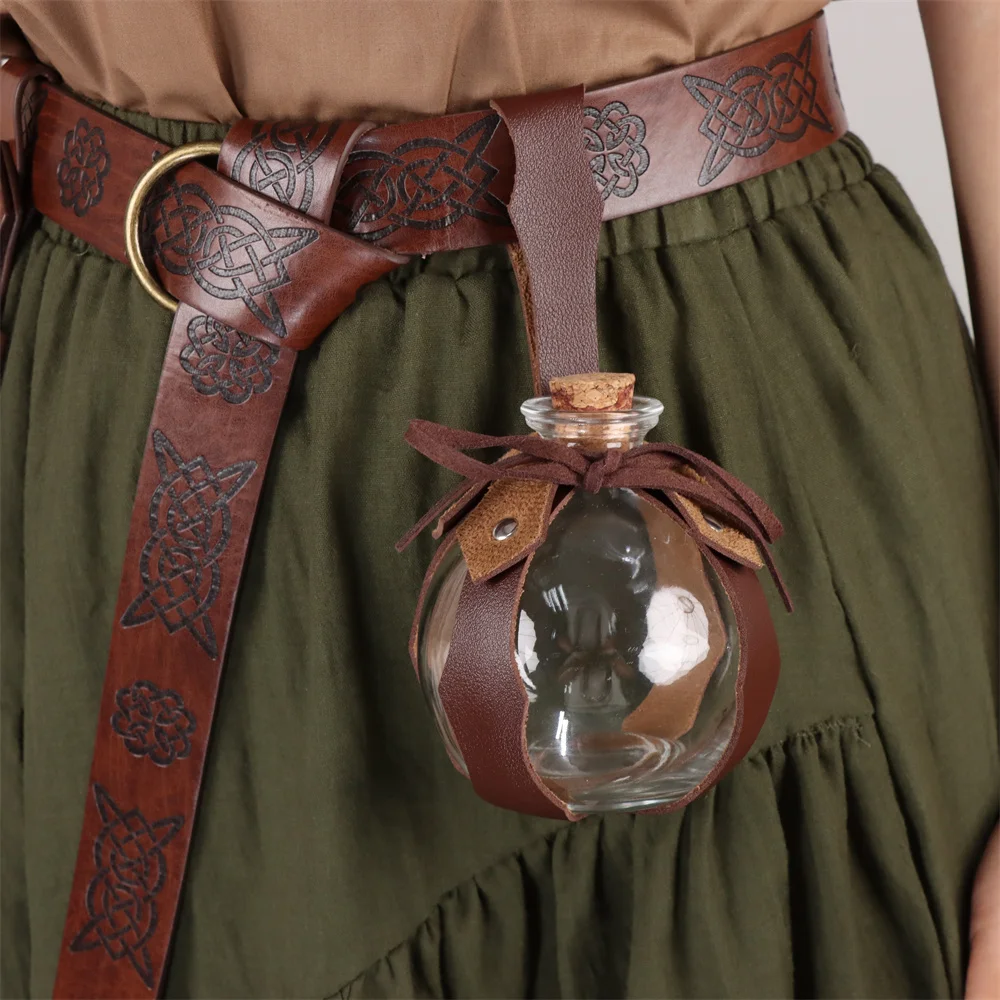 Renaissance Halloween Cosplay Belt Elf Leaf Leather Cover with Potion Glass Magic Bottle Viking Knight Role Playing Dress Up Bag