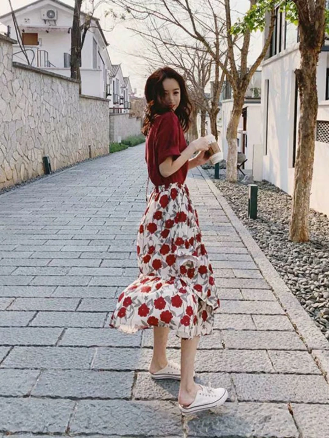 New Summer Fashion Design Women's Floral Print Dress Set Elegant Quality Short Sleeve round Neck T-Shirt Style Breathable Pol...