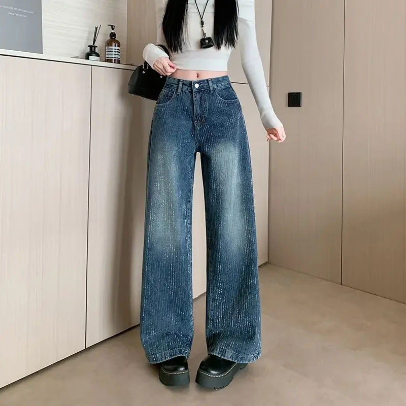 Y2K Jeans Meteor Shower Heavy Industry Hot Drilled Wide Leg Women Spring High Waist Skinny Denim Pants