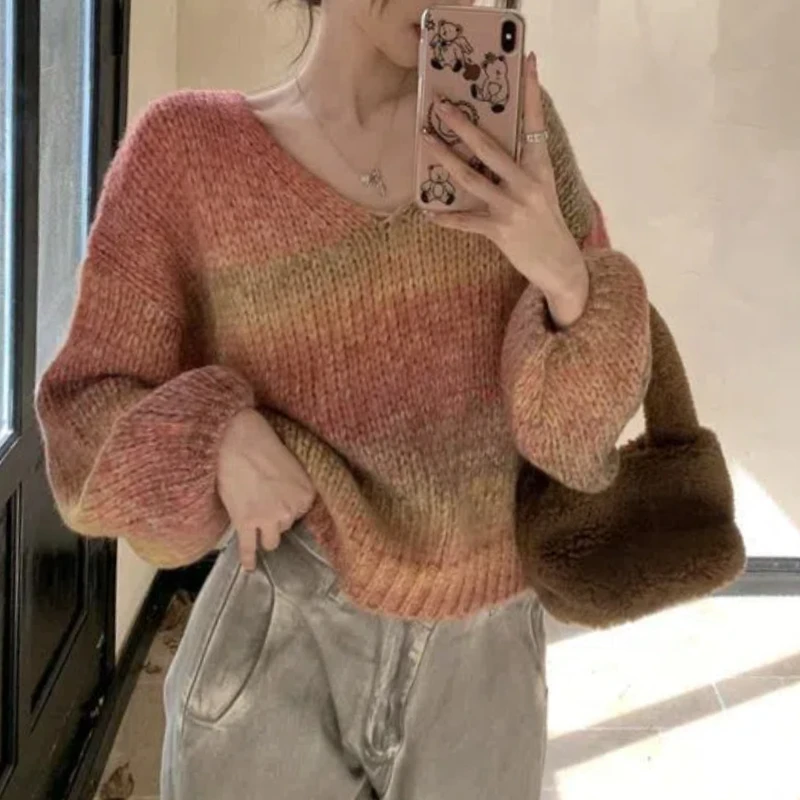 Korean Fashion Autumn/Winter Sweaters Pullovers New Women\'s O-Neck Printing Patchwork Trend Versatile Long Sleeve Knitted Tops