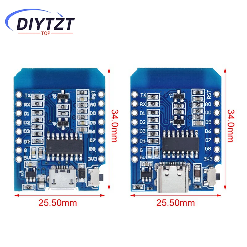 D1 Mini TYPE-C/MICRO ESP8266 ESP-12F CH340G V2 USB D1 Mini WIFI Development Board D1 Mini NodeMCU Lua IOT Board 3.3V With Pins