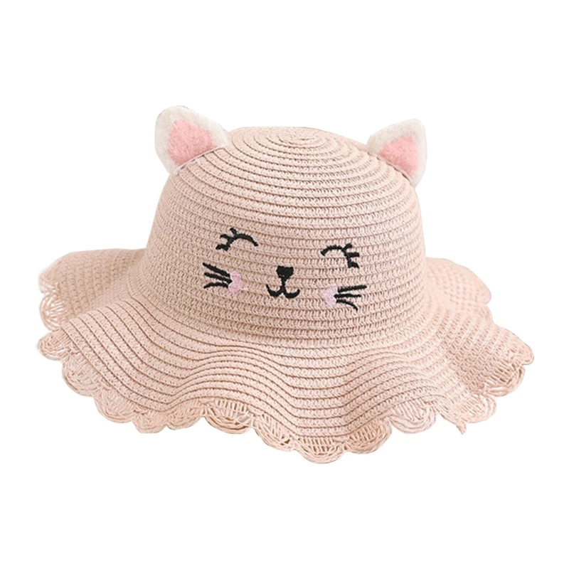 Lovely Design Kids Summer Straw Hat Cat-ear Shaped Face Wide Brim Girls Straw Sun Hat with Matching Handbag