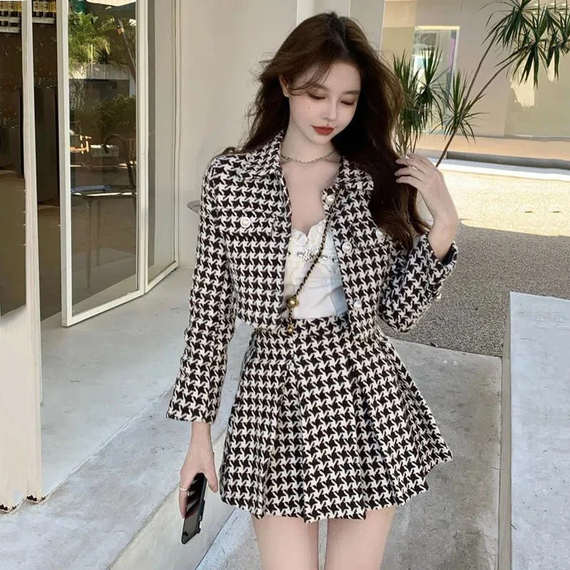 Plaid Casual Two-Piece Suit for Women, Houndstooth Loose Single-Breasted Retro Jacket, Pleated Skirt Suits, Spring Autumn, New