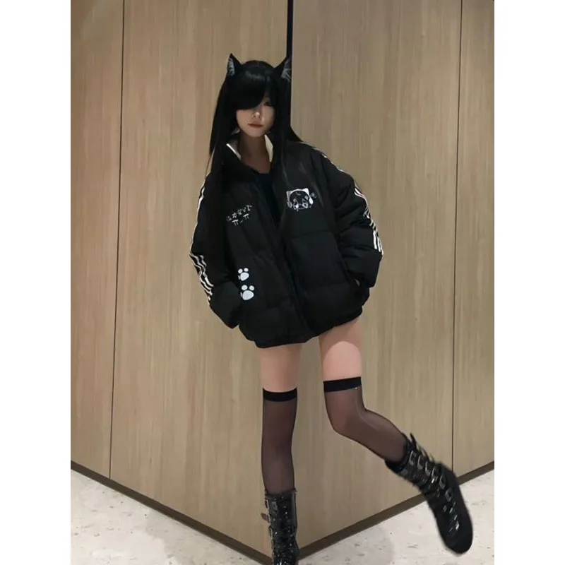 Winter New Black Subculture Jacket Japanese Y2k Fashion Cartoon Printed Cotton-padded Coats Women's Preppy Kawaii Cloths Outwear