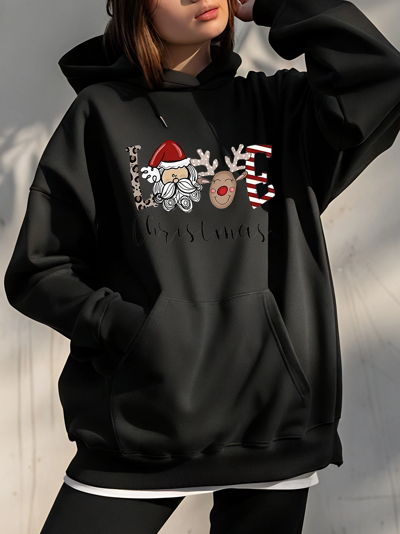 Felpa con cappuccio natalizia Felpa invernale casual da donna con stampa di renne di Babbo Natale per la stagione natalizia