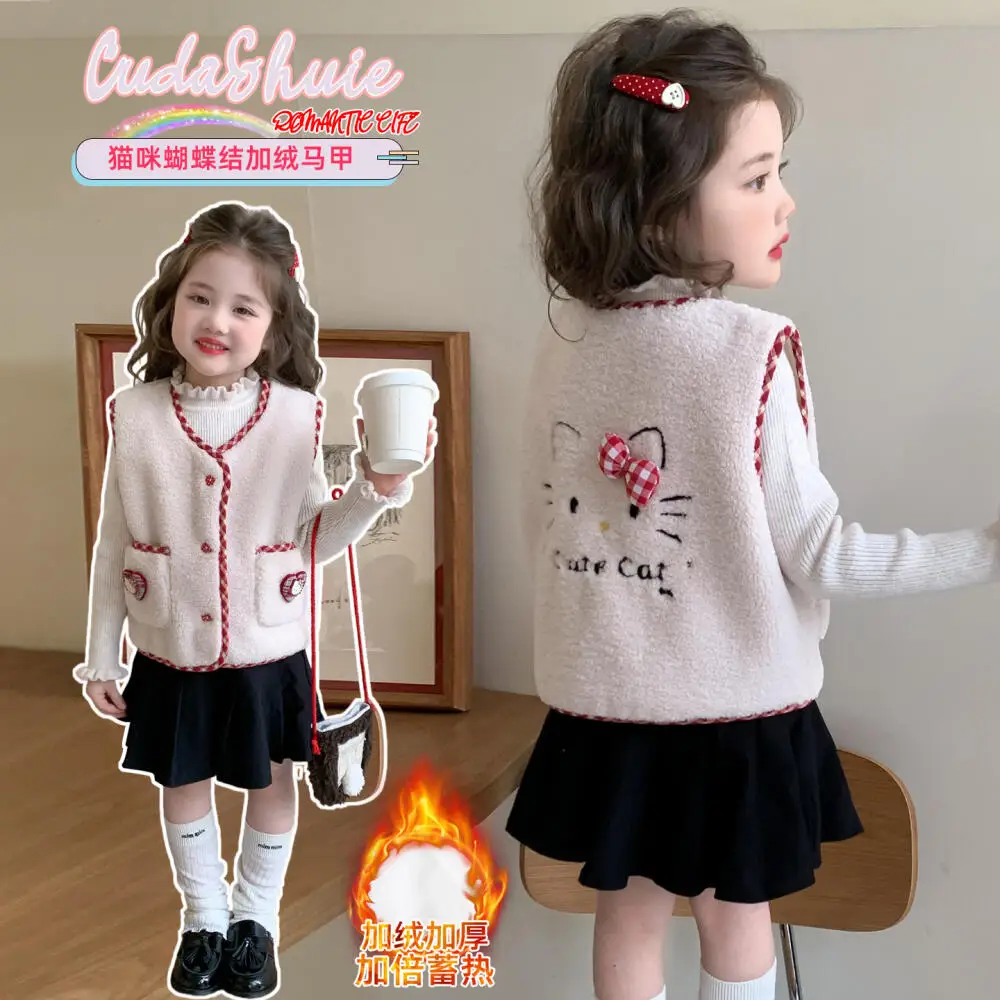 

Hello Kittys Girl Vest Autumn Winter New Velvet Wear Outside Keep Warm Thicken Cardigan Cartoon Kawaii Children's Clothing