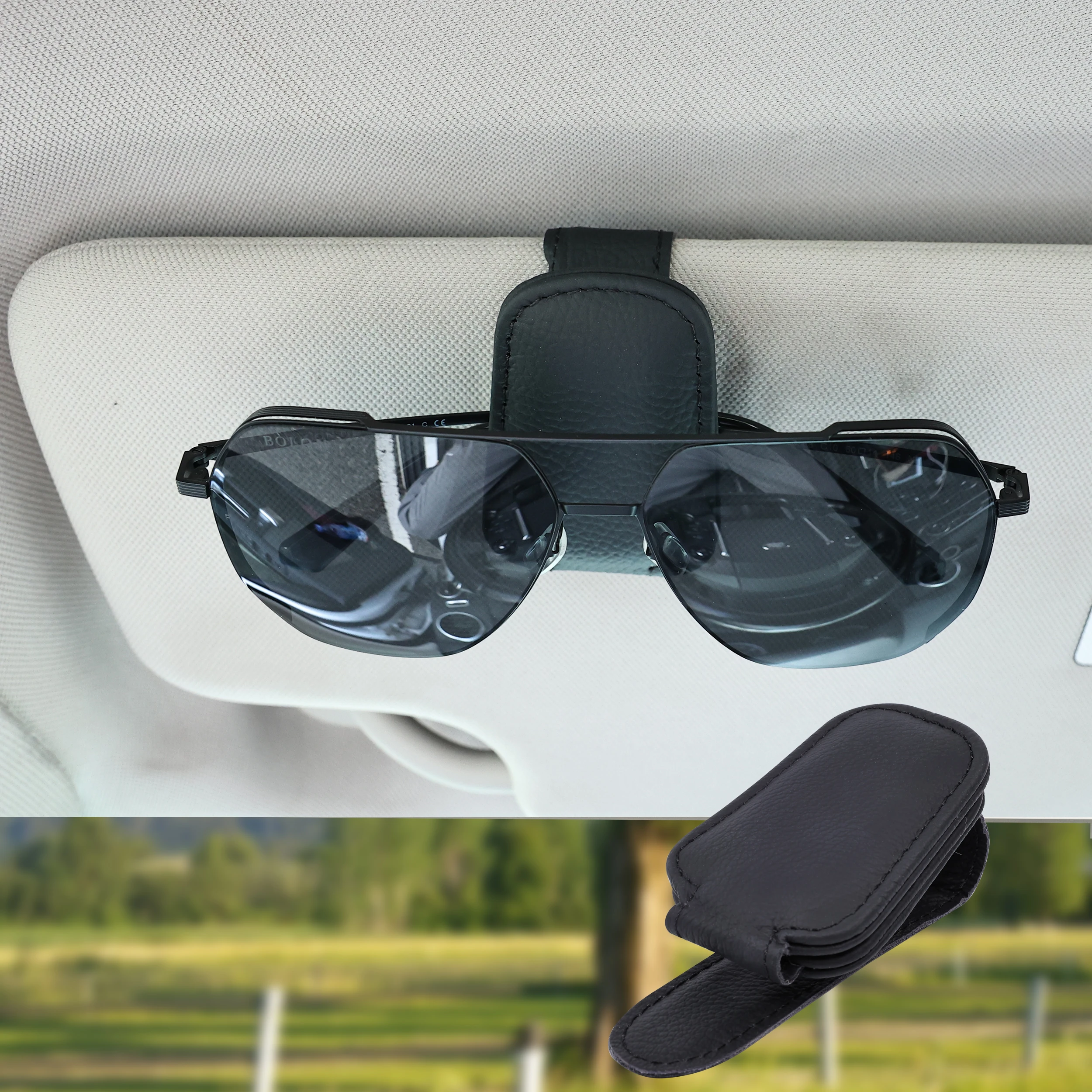 Universeller Auto-Sonnenbrillenhalter aus Leder, Sonnenbrillen-Clip, Karten- und Tickethalter, Brillenständer, Auto-Zubehör