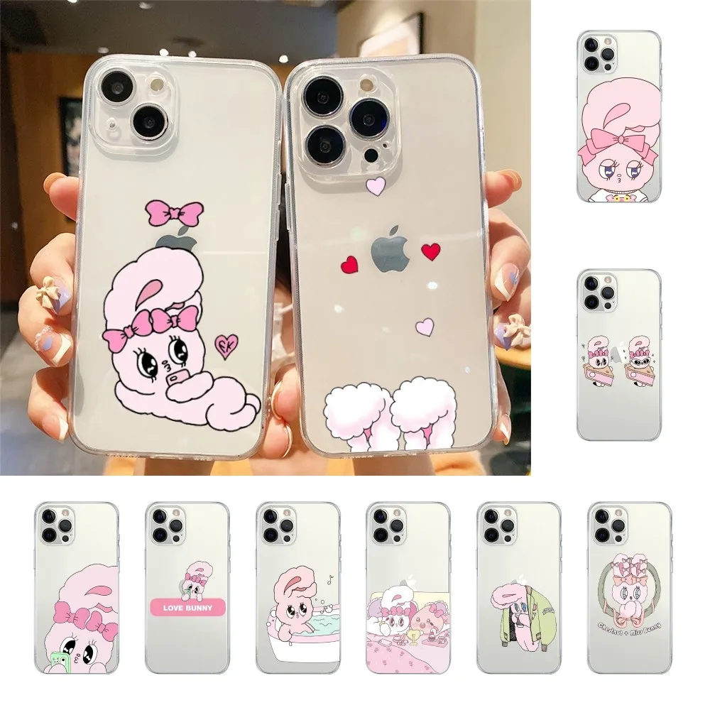 Etui na telefon Cute Pink Rabbit esther bunny do Iphone 15 11 13 14 Pro Max 7 8 Plus X Xr Xs Max Se2020 12 mini Transparent Cover