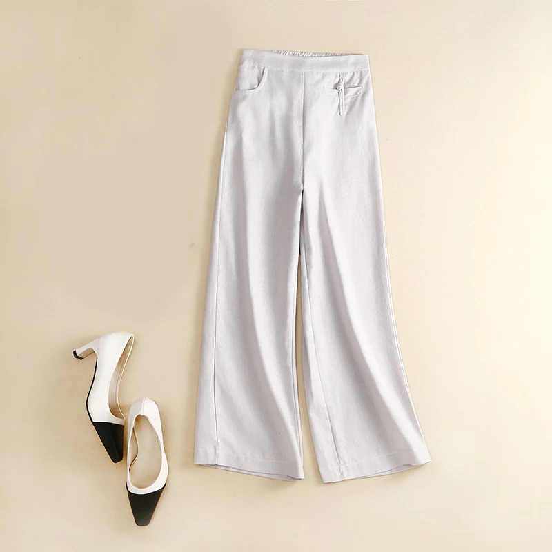 Botão retrô algodão linho cintura alta perna reta calças largas primavera solta emagrecimento drape calças casuais cor de linho L...