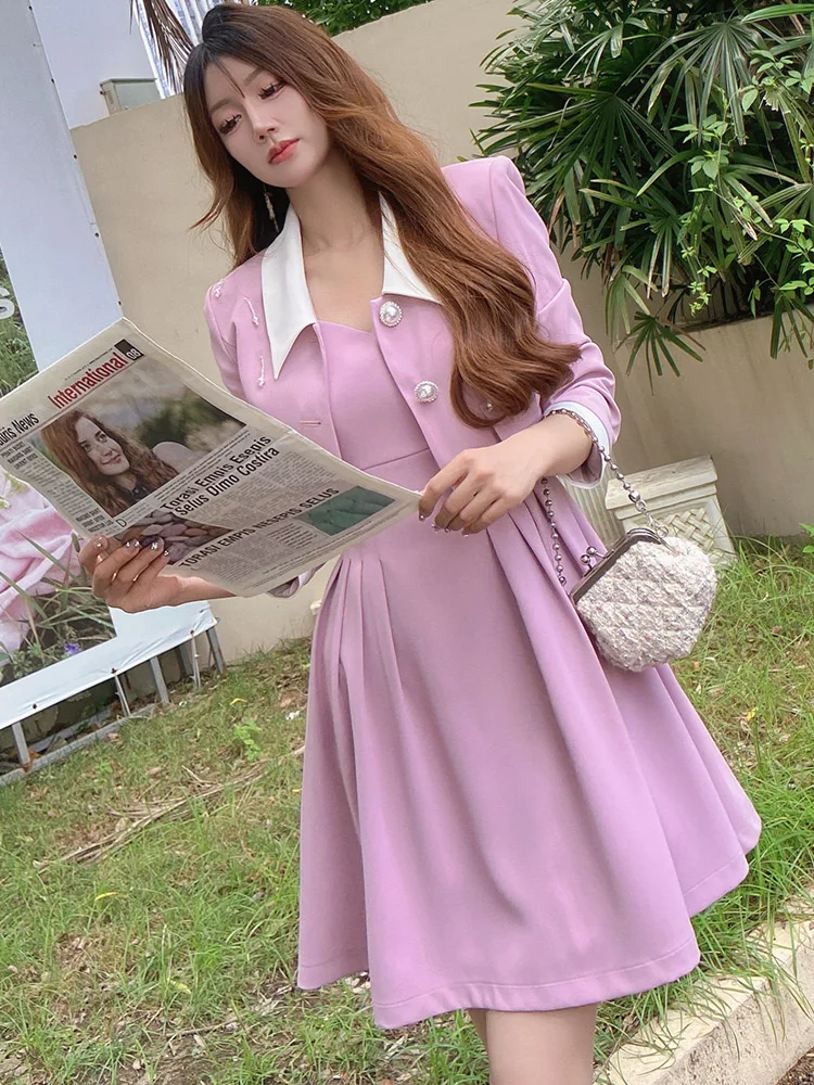 Dabuwawa Two Pieces Suit Patchwork Jacket Sweetheart Neck Dress Vintage Autumn 2023 Women Beading  Pleated A-Line SkirtDM1CSE017