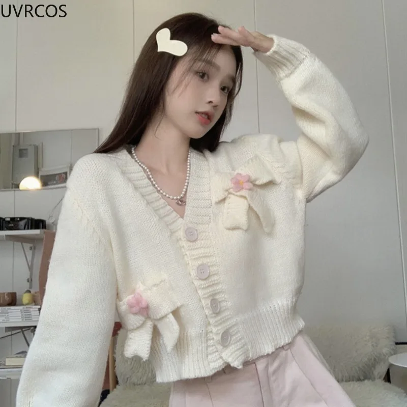 Autumn Winter Sweet Knitted Cardigan Women Vintage V-Neck Flowers Bow Full Sleeve Sweater Korean Style Loose Short Knitting Tops