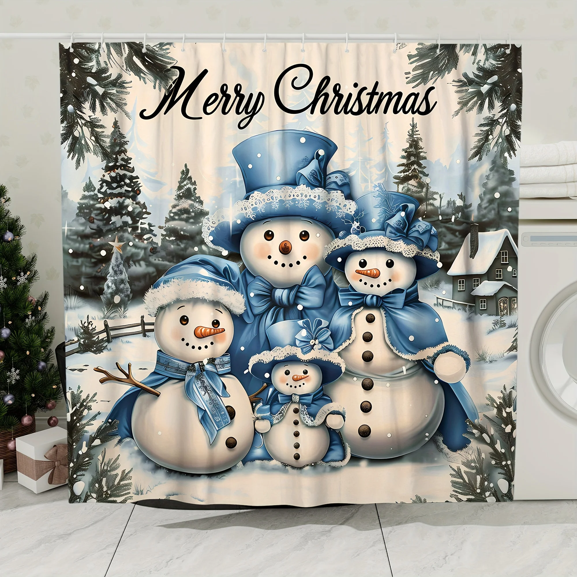 4Pcs Merry Christmas Snowman Tree Blue White Shower Curtain Set with Mat,12 Hooks,Non-Slip U-Shaped Toilet Cover,Xmas Bath Decor