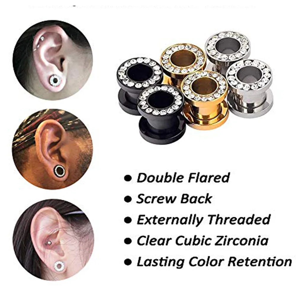 Double Flare Stainless Steel Tunnels Gauges Screwed Gem Rhinestones Tunnels Plugs Stretcher Jewelry 3-20mm