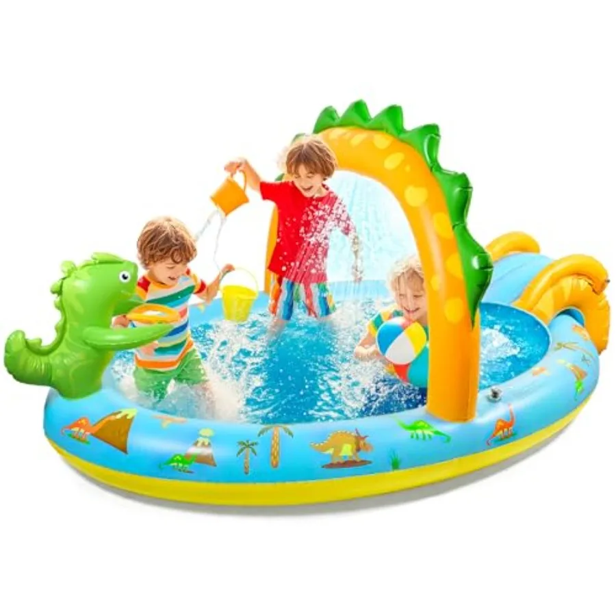 Backyard inflatable play center for kids: PVC, blue, includes slide and sprinkler, 96''x59''x39'' kiddie pool for garden use