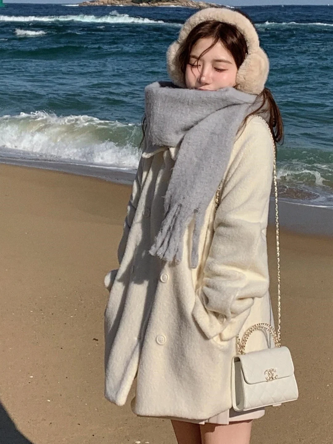 Ele hiver blanc manteau en laine femme Faion petite taille Double rangée boutons trajet décontracté scénarios centre commercial même Sle