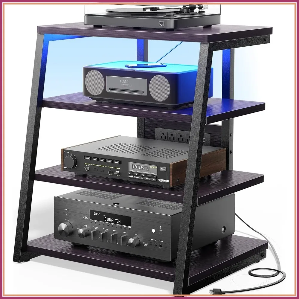 Soporte para Equipos de Audio con Tomas de Corriente, Mueble para Estéreo con Almacenamiento para Discos, Consola para Tocadiscos con Luces LED, 4 Niveles, Negro Ébano