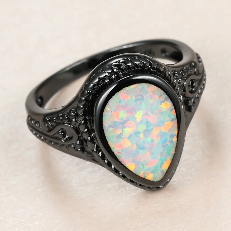2026 New Design Sense, Personality Trend, Fashion OL Black Gold Jewelry, White Australian Treasure Droplet Shaped Ring