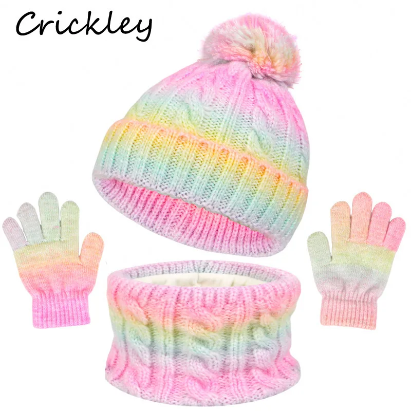 

3 Pcs Gradient Color Boys Girls Hats Scarf Gloves Set Knitted Windproof Children Cap Soft Thick Warm Plush Kids Hat Mitten