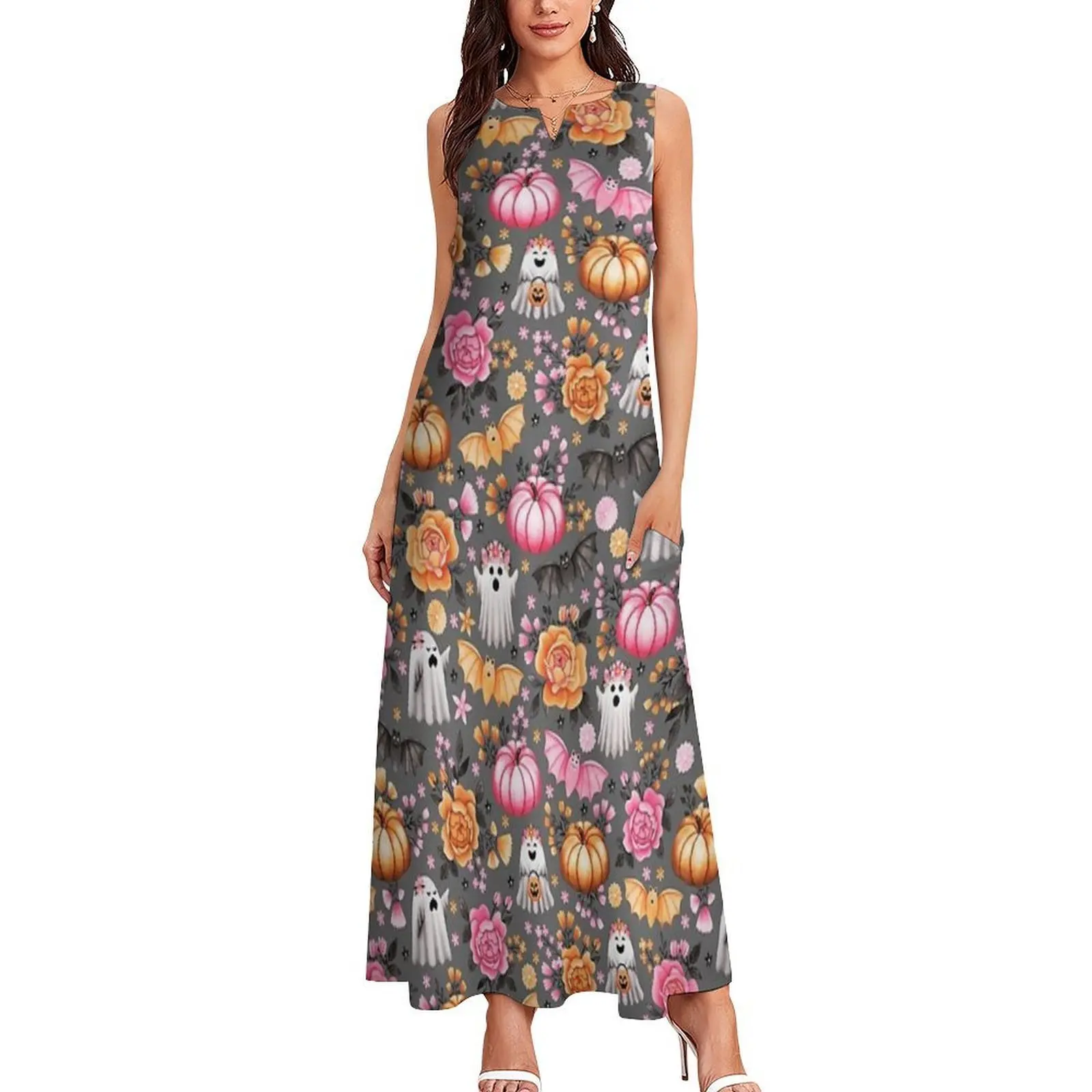 Halloween florais com abóboras, morcegos e fantasmas em cinza - vestido longo de Halloween pastel vestidos de aniversário para mulheres moda feminina