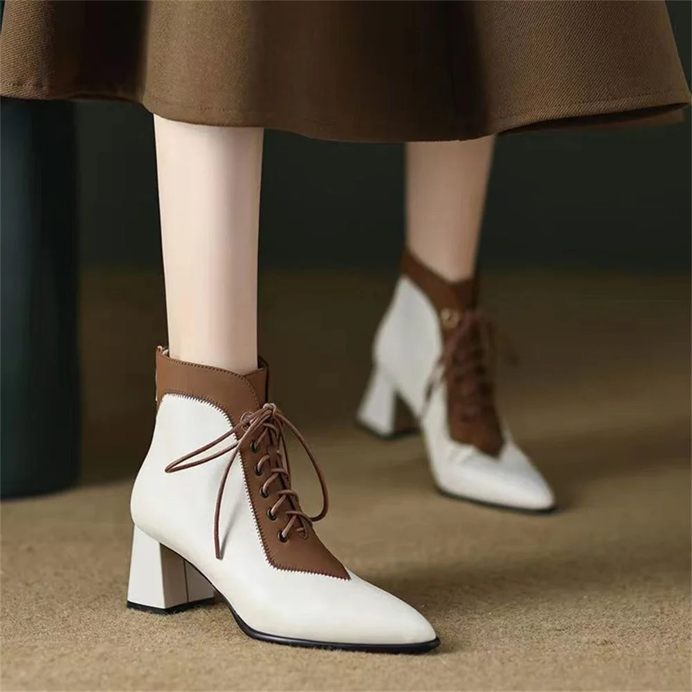 French pointy high-heeled booties 2024 new fashion contrast and ankle boots British style leather thick-heeled Martin boots wome