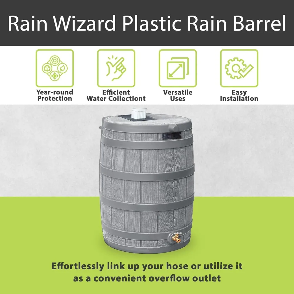 50 Gallon Large Capacity Outdoor Rainwater Harvesting Barrel with Brass Tap and Low Profile Design