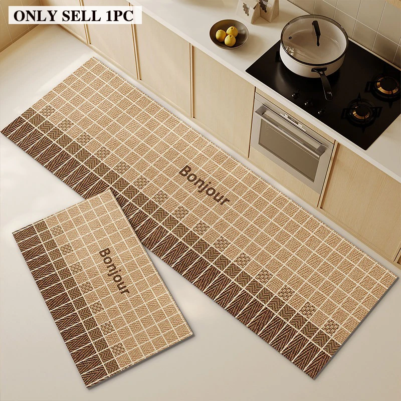 Kitchen Carpet PVC Waterproof Oil-proof Non-slip Leather Floor Mat Geometric Pattern Long Carpets Retro High-end Home Decor Rug