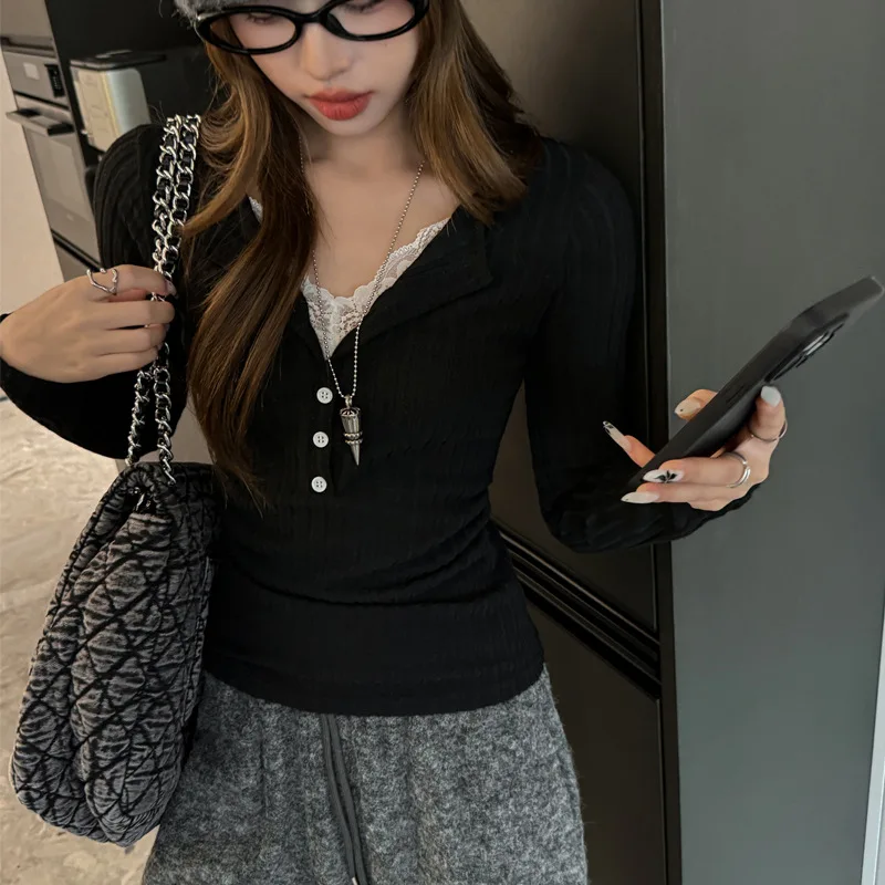 Striped V-neck Lace Splicing Long-sleeved Right-shoulder T-shirt Feminine Slim Fit Inner Layering Top