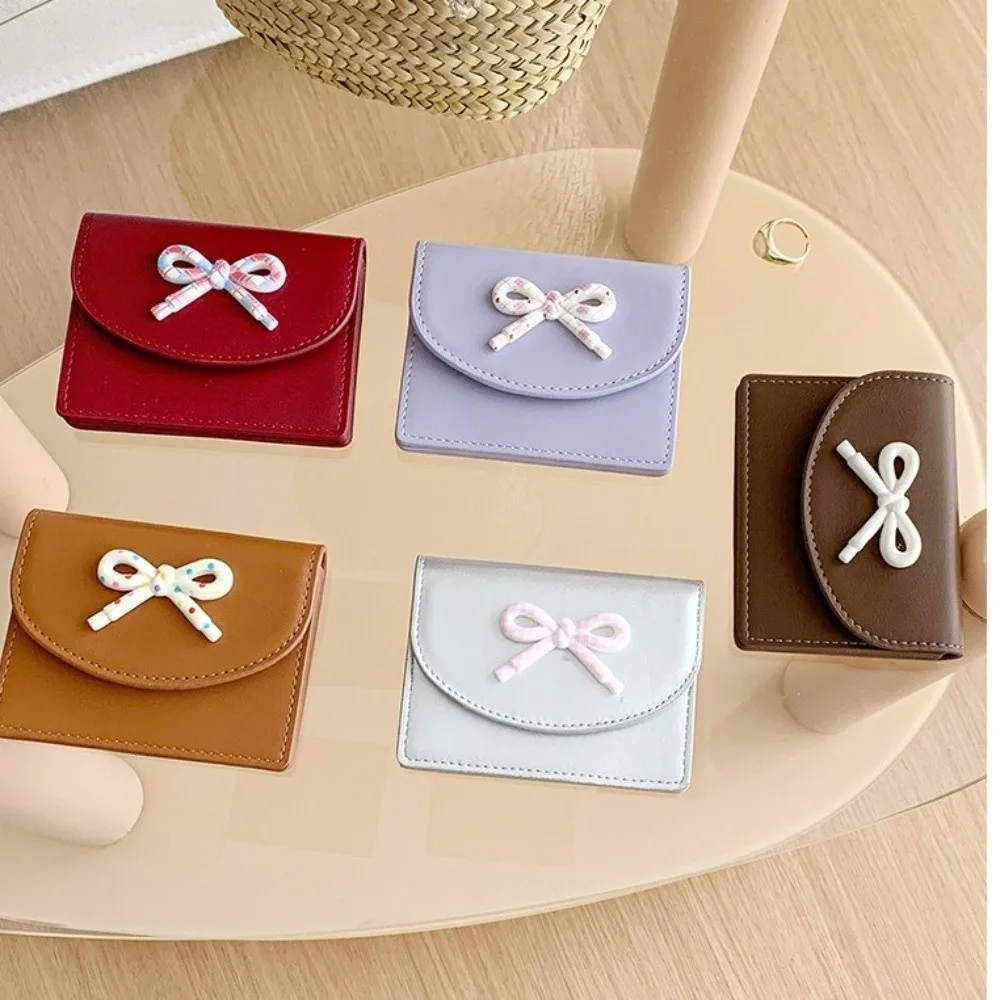 INS Casual PU Leather Short Wallet Large Capacity Portable Cash Bag Bowknot Dopamine Color Card Holders Female Girl