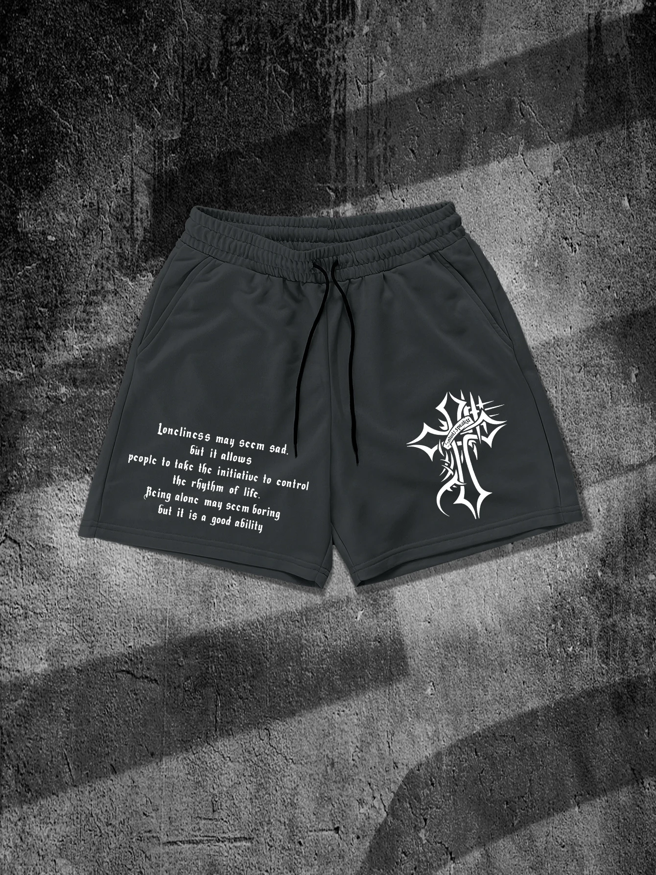 

Men's Gothic Tribal Cross Life Quote Graphic Shorts Dark Grunge Streetwear Drawstring Quick Dry Summer Daily Casual Sports Short