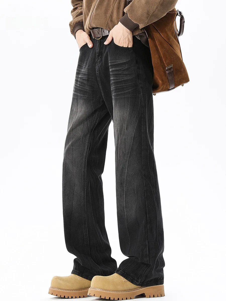 

Retro American Lightning Pattern Men's Jeans Straight Leg adual Waed Old Sle Autumn Trendy Streetwear Long Pants