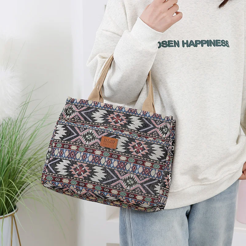 Thick Knitted Jacquard Fabric Tote Bag for Women, Portable Shopping Bag with Ethnic Style Pattern, Ideal for Work and Travel view 6