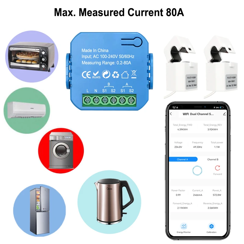 Tuya Smart Life WiFi Bidirectional Energy Meter 2 Channel with 80A Clamp App Monitor Solar Export and Import Power AC100V/240V