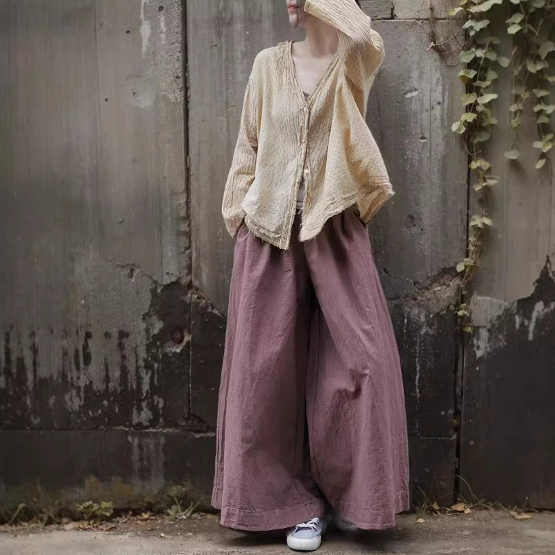 

Women Cotton Linen Artist Style Wide Leg Pants Pink Elastic Waist Solid Color Trousers 2026 Spring Autumn New Loose Long Pants