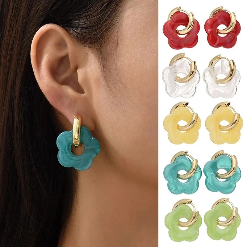 Multicolor Transparent Acrylic Resin Marbling Flower Drop Earrings for Women Gold Color Metal Round Hoop Earings Fashion Jewelry