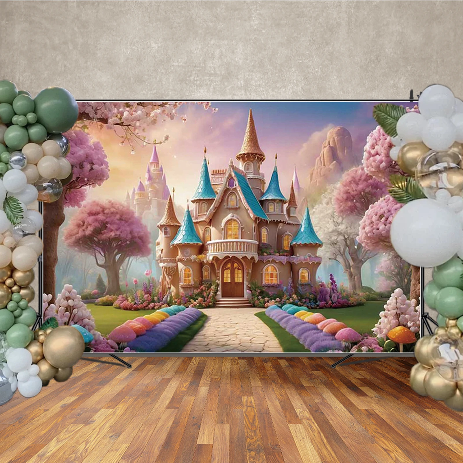 MOON.QG الجنية القلعة خلفية زهر زهرة كعكة سحق طفلة 1St عيد ميلاد التصوير خلفية الأزهار عيد ميلاد خلفية