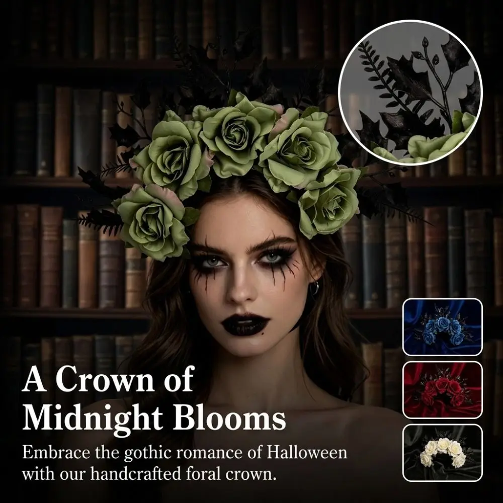 Elegant Style Halloween Rose Headband Simulated Leaf Flower Artificial Flower Headband Vintage Crown Hair Hoop Women