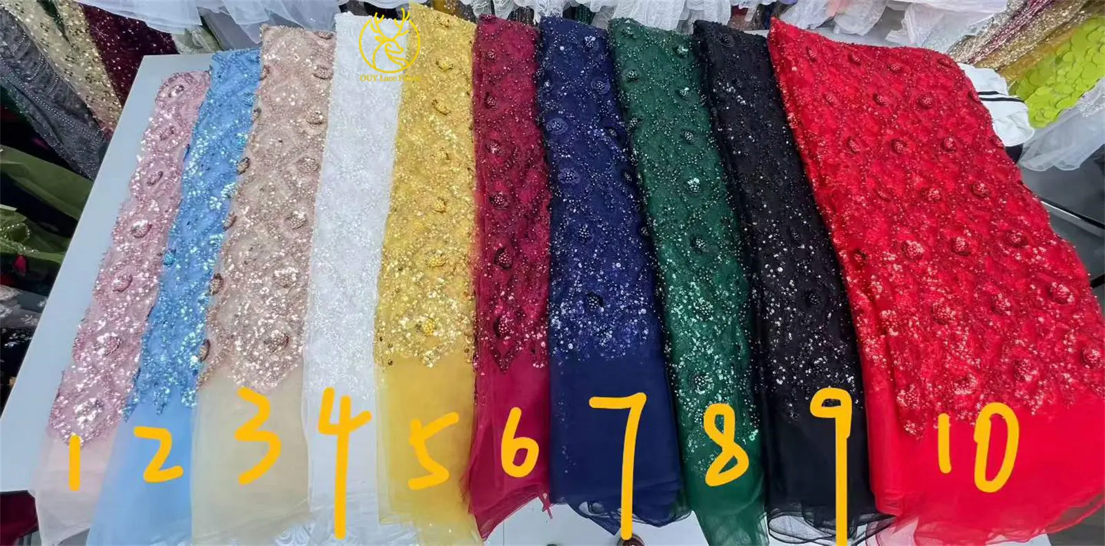 Roter exquisiter afrikanischer Pailletten-Tüll-Spitzenstoff 2026 – Hochwertiger mexikanischer Perlen-Tüll-Mesh-Spitzenstoff für Hochzeits- und Ballkleider zum Nähen – Detail 3