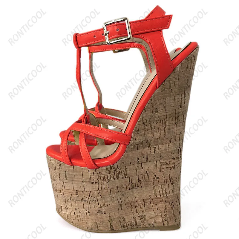Ronticool Handmade Women T-strap Sandals Ultra High Wedges Heels Round Toe Classics Black Dress Shoes Ladies US Plus Size 5-15
