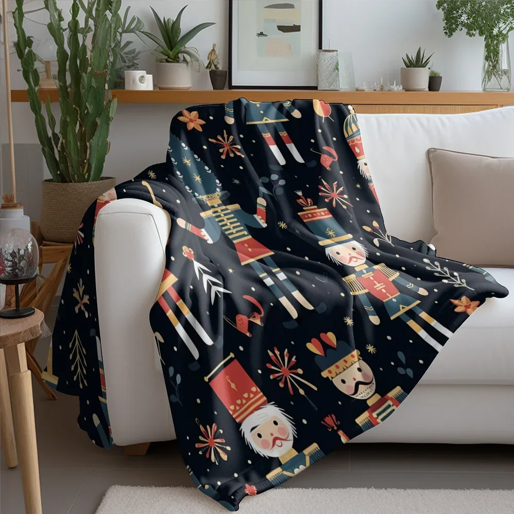 Cartoon Nutcracker Soldier Fleece Blanket, Dense Pattern with Red Blue Gold Uniform, Festive Throw for Christmas Sofa Decor