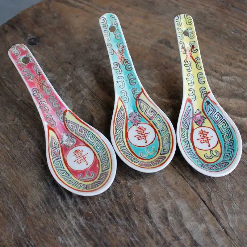 Classical Vintage Pastel Ceramic Spoon Chinese 1970s Longevity Wujiang Asian Soup Spoon Creative Hotel Restaurant Tableware