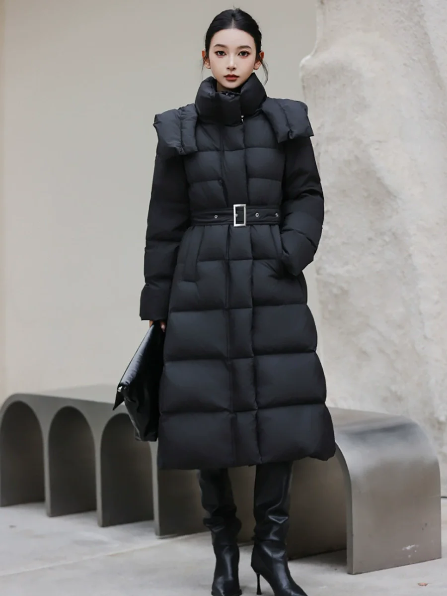 Donsjack met lange taille voor dames 2025, wintermode, verdikte witte eendendons, over de knie jas met capuchon, trendy