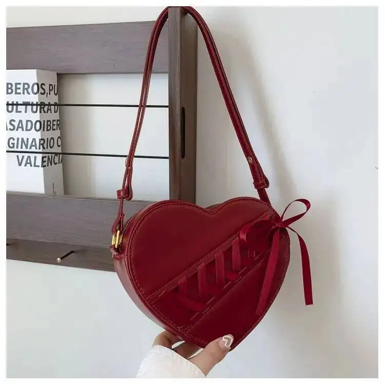 Bloom Heart Red Crossbody Bags For Women 2025 Pu Leather Chic Bow Messenger Bag Ladies Retro Sweet Handbag Purse Female
