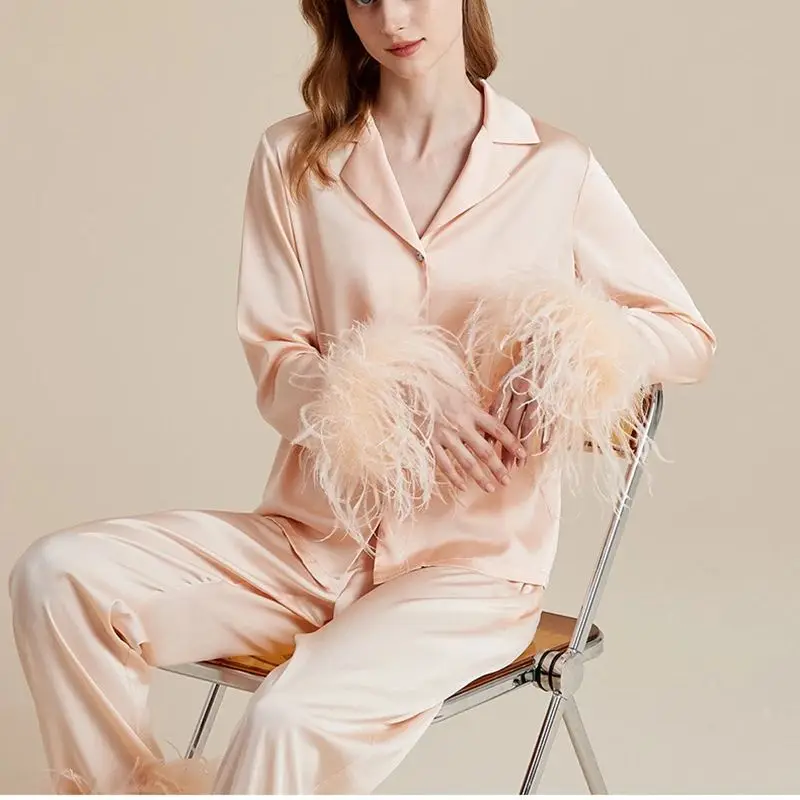 Women Big Feather Pajamas Sets Spring Summer Lady Natural Ostrich Feather Cuffs Suit