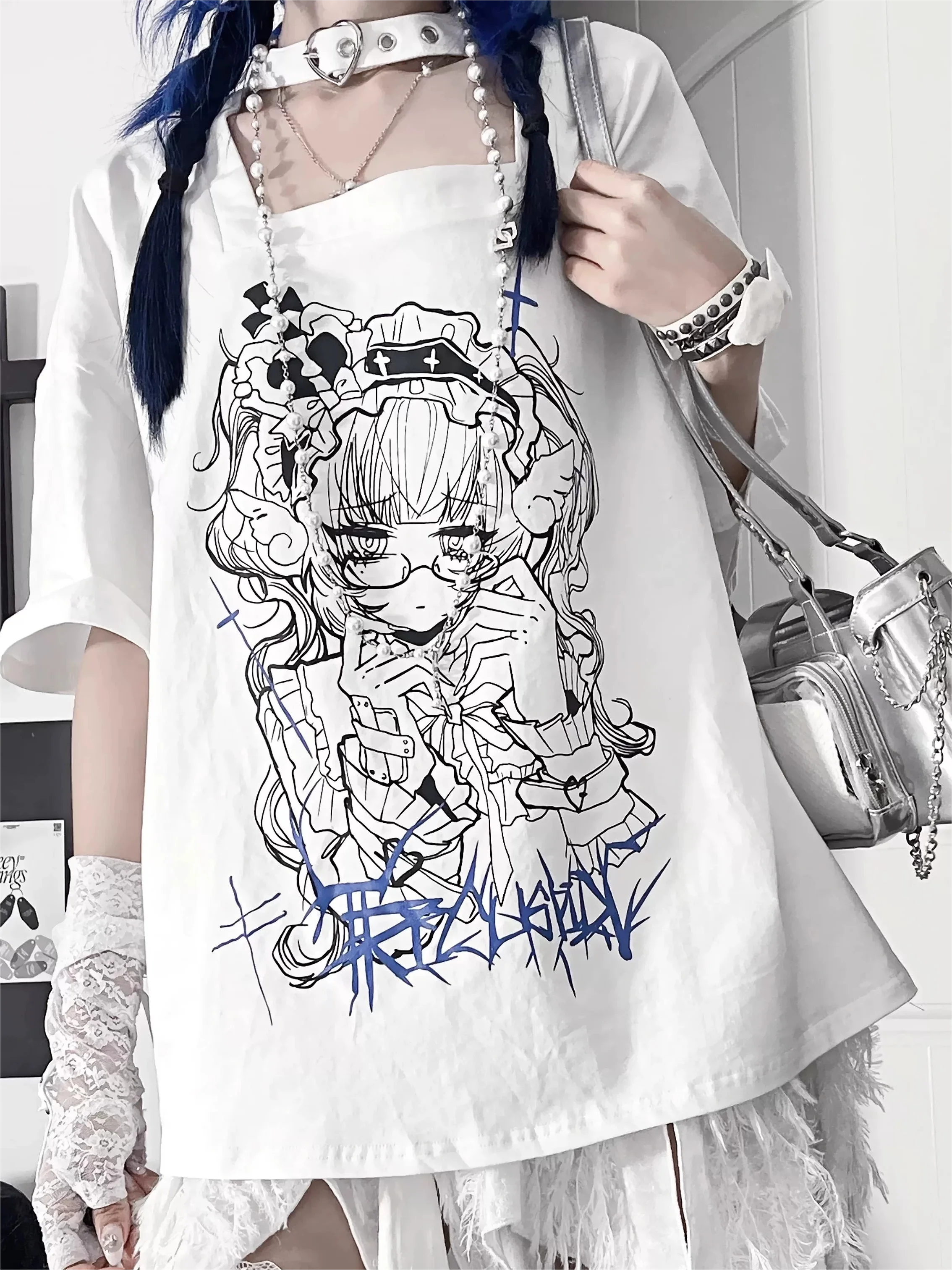 Printed Animation Subculture Dark Loose Short-sleeved Neck T-shirt Women Summer Cotton Tee Without Accessories